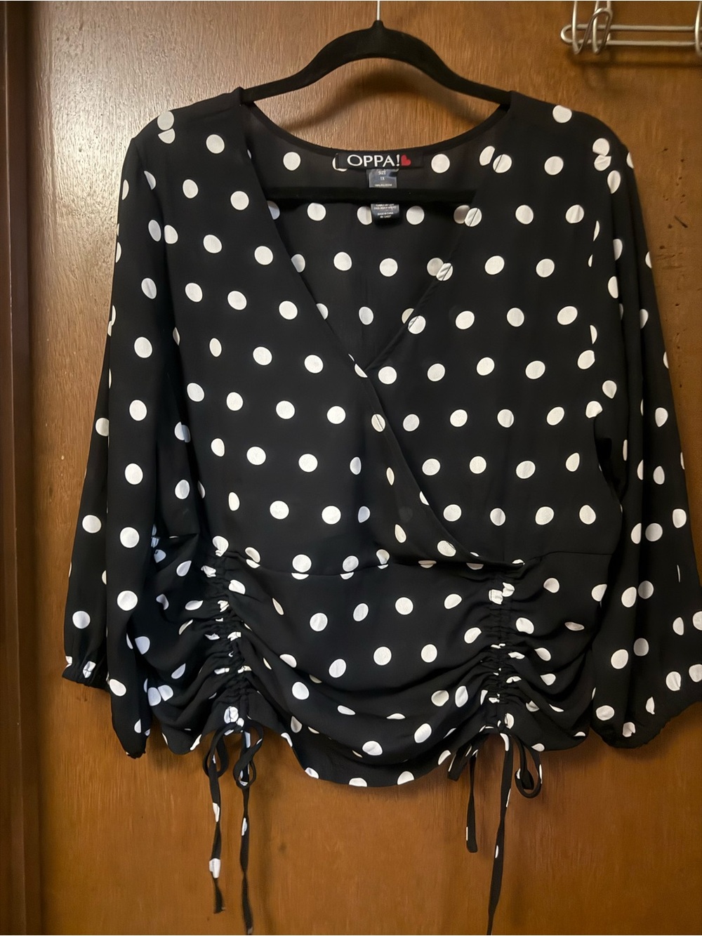 Oppa! Black & White Polka Dot Ruched Blouse